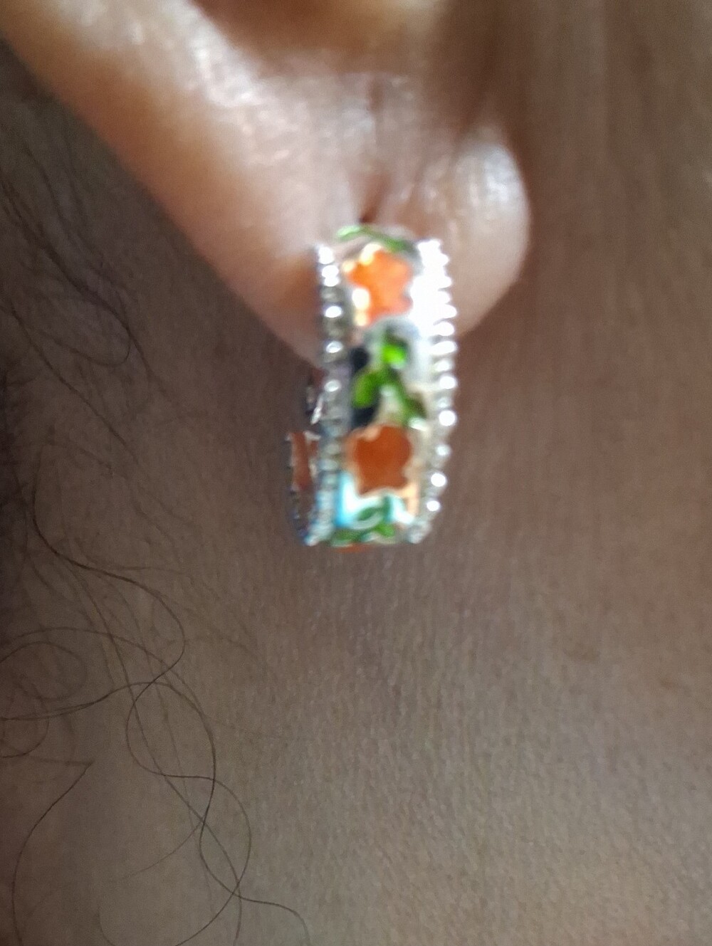 Silver Floral Orange & Green Pure Sterling Silver Earring !!